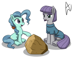 Size: 1200x971 | Tagged: safe, artist:acesrockz, maud pie, petunia paleo, earth pony, pony, g4, clothes, duo, female, filly, mare, open mouth, pointing, rock, simple background, sitting, white background