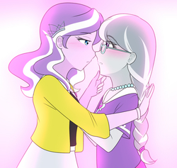 Size: 1280x1215 | Tagged: safe, artist:jonfawkes, diamond tiara, silver spoon, equestria girls, g4, 45 minute art challenge, blushing, braid, clothes, female, glasses, imminent kissing, lesbian, pearl necklace, quickdraw, ship:silvertiara, shipping