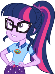 Size: 3000x4011 | Tagged: safe, artist:uponia, sci-twi, twilight sparkle, equestria girls, g4, my little pony equestria girls: legend of everfree, camp everfree outfits, clothes, denim shorts, female, glasses, hand on hip, high res, multicolored hair, ponytail, purple eyes, purple skin, shirt, shorts, simple background, solo, t-shirt, tomboy, transparent background, vector
