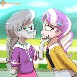 Size: 750x750 | Tagged: safe, artist:lumineko, diamond tiara, silver spoon, crusaders of the lost mark, equestria girls, g4, arm behind back, badass, braid, clothes, cloud, duo, equestria girls interpretation, female, fence, glasses, jacket, jewelry, looking at each other, necklace, patreon, patreon logo, pearl necklace, scene interpretation, shirt, signature, skirt, sky, speedpaint