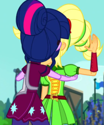Size: 600x720 | Tagged: safe, screencap, applejack, sci-twi, twilight sparkle, equestria girls, g4, my little pony equestria girls: friendship games, cropped, hug, out of context