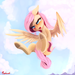 Size: 1700x1700 | Tagged: safe, artist:miokomata, fluttershy, pegasus, pony, g4, angry, blushing, covering, covering crotch, crying, cute little fangs, fangs, female, flying, mare, open mouth, peeved, signature, sky, solo, spread wings, tail covering, teary eyes, underhoof, wings
