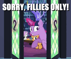Size: 344x285 | Tagged: safe, edit, edited screencap, screencap, scootaloo, sweetie belle, twilight sparkle, alicorn, pony, g4, the fault in our cutie marks, caption, cropped, door, image macro, magic, meme, needs more jpeg, twilight is a foal fiddler, twilight sparkle (alicorn)