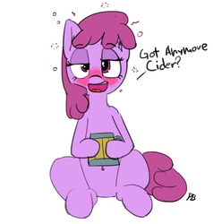 Size: 1280x1346 | Tagged: safe, artist:pabbley, berry punch, berryshine, earth pony, pony, g4, belly button, blushing, cider, dialogue, drunk, drunk bubbles, female, looking at you, mare, solo