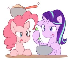 Size: 4093x3458 | Tagged: safe, artist:akainu_pony, pinkie pie, starlight glimmer, earth pony, pony, unicorn, every little thing she does, g4, season 6, baking, bonding, cute, diapinkes, duo, female, mare, pinkie being pinkie, simple background, tongue out
