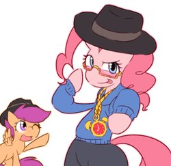 Size: 1716x1665 | Tagged: safe, artist:akainu_pony, pinkie pie, scootaloo, earth pony, pegasus, pony, g4, :p, alarm clock, bipedal, clock, clothes, duo, fedora, female, filly, foal, glasses, hat, mare, one eye closed, open mouth, pointing, raised hoof, rapper, rapper pie, simple background, spread wings, tongue out, watch, white background, wings