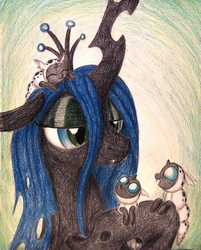 Size: 1052x1308 | Tagged: dead source, safe, artist:thefriendlyelephant, queen chrysalis, changeling, changeling larva, changeling queen, nymph, g4, adoracreepy, baby, blue hair, commission, commissioner:queenofchangeling, creepy, cute, cutealis, fangs, female, green eyes, holes, horn, larva, mommy chrissy, mother, mother and child, smiling, traditional art