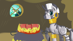 Size: 1280x720 | Tagged: safe, artist:jbond, lyra heartstrings, zecora, pony, unicorn, zebra, g4, angry, book, burn, burning, duo, female, fire, gravity falls, journal #1, journal #2, journal #3, male, mare, parody, vector, zecora's hut