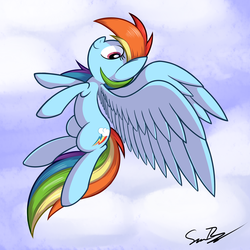 Size: 2700x2700 | Tagged: safe, artist:sheandog, rainbow dash, pony, g4, backwards cutie mark, cloud, female, flying, high res, looking back, sky, smiling, solo, spread wings