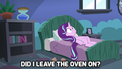 Size: 1024x576 | Tagged: safe, edit, edited screencap, screencap, starlight glimmer, every little thing she does, g4, bed, caption, female, image macro, meme, solo, starlight bedridden, starlight's room