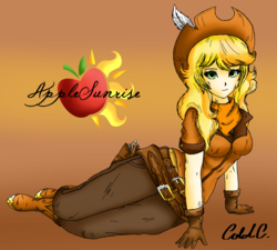 Size: 2403x2160 | Tagged: safe, artist:ciderpunk, derpibooru exclusive, oc, oc only, oc:applesunrise, human, belt, boots, brown background, clothes, cutie mark, draw me like one of your french girls, feather, gloves, gradient background, gun, hat, high res, holster, humanized, humanized oc, looking at you, pants, scarf, shirt, simple background, smiling, solo, weapon, western