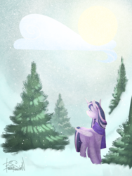Size: 1536x2048 | Tagged: safe, artist:marywolfy, twilight sparkle, alicorn, pony, g4, female, snow, snowfall, solo, tree, twilight sparkle (alicorn), winter