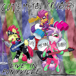Size: 720x720 | Tagged: safe, artist:texasuberalles, apple bloom, scootaloo, sweetie belle, earth pony, pegasus, pony, unicorn, g4, album cover, bass guitar, cutie mark crusaders, cutie mark crusaders song, drums, explorer, eyes closed, guitar, heavy metal, looking at you, microphone, musical instrument, screaming, show stopper outfits, trio