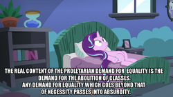 Size: 1024x576 | Tagged: safe, edit, edited screencap, screencap, starlight glimmer, every little thing she does, g4, bed, communism, equality, female, meme, solo, stalin glimmer, starlight bedridden, starlight's room, thousand yard stare