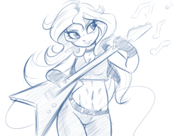 Size: 1280x989 | Tagged: safe, artist:ambris, sunset shimmer, equestria girls, g4, belly button, electric guitar, female, flying v, guitar, midriff, monochrome, musical instrument, sketch, solo, sunset shredder