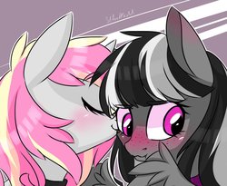 Size: 988x809 | Tagged: source needed, safe, artist:silbersternenlicht, oc, oc only, oc:domino eventide, oc:rainy skies, pony, blushing, female, kissing, lesbian, mare, oc x oc, shipping