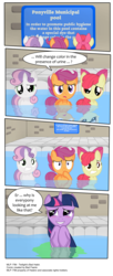 Size: 3175x7785 | Tagged: safe, artist:perfectblue97, apple bloom, scootaloo, sweetie belle, twilight sparkle, earth pony, pegasus, pony, unicorn, g4, bad habit, comic, cutie mark crusaders, female, filly, foal, implied pissing, mare, pissing in water, show accurate, swimming pool, urine, water