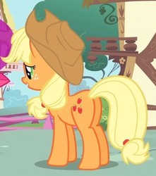 Size: 409x463 | Tagged: safe, screencap, applejack, earth pony, pony, g4, one bad apple, butt, cropped, female, freckles, mare, plot, smiling, solo
