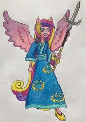 Size: 1845x2638 | Tagged: safe, artist:bozzerkazooers, dean cadance, princess cadance, equestria girls, g4, female, ninja, ponied up, solo, traditional art, trident