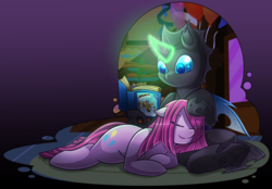 Size: 1500x1046 | Tagged: safe, artist:vavacung, daring do, pinkie pie, changeling, comic:changeling-scout, g4, book, cute, cuteamena, cuteling, duo, floppy ears, lying down, magic, pinkamena diane pie, reading, sitting, sleeping, vavacung is trying to murder us