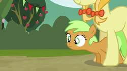 Size: 1280x720 | Tagged: safe, screencap, apple crumble, jonagold, marmalade jalapeno popette, earth pony, pony, apple family reunion, g4, apple family member, female, filly, mare, protecting