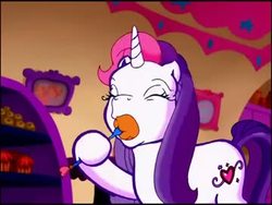 Size: 360x270 | Tagged: safe, screencap, sweetie belle (g3), pony, unicorn, g3, meet the ponies, sweetie belle's new cake party, cake, cute, eating, eyes closed, female, food, fork, g3 diasweetes, mare, out of context, solo, sweet shoppe
