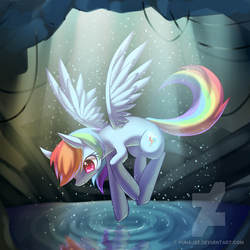 Size: 900x900 | Tagged: safe, artist:yunajee, rainbow dash, g4, cave, crepuscular rays, female, flying, ripple, solo, water, watermark