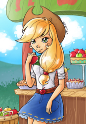 Size: 556x800 | Tagged: safe, artist:nuvvola, applejack, equestria girls, g4, apple, apple pie, apple stand, bucket, clothes, cowboy hat, denim skirt, female, food, frilly skirt, hat, pie, skirt, solo, stetson