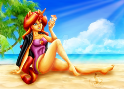 Size: 1600x1149 | Tagged: safe, artist:pinknekophile, sunset shimmer, anthro, plantigrade anthro, equestria girls, g4, barefoot, beach, clothes, crepuscular rays, drink, feet, female, human facial structure, ocean, one eye closed, one-piece swimsuit, sitting, solo, swimsuit, watermark, wink