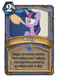 Size: 400x543 | Tagged: safe, edit, edited screencap, screencap, twilight sparkle, alicorn, pony, g4, boop, boop edit, card, female, hand, hearthstone, meta, solo, twilight sparkle (alicorn), warcraft