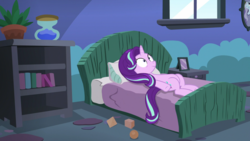 Size: 1920x1080 | Tagged: safe, edit, edited screencap, screencap, starlight glimmer, every little thing she does, g4, bed, female, hourglass, inverted mouth, plant, solo, starlight bedridden, starlight's room, thousand yard stare, window