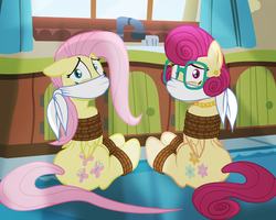 Size: 1024x819 | Tagged: safe, artist:radiantrealm, part of a set, fluttershy, posey shy, pegasus, pony, g4, bondage, cloth gag, commission, damsel in distress, duo, duo female, female, gag, glasses, jewelry, kidnapped, looking at you, mother and daughter, necklace, pearl necklace, ropes, scared, show accurate, tied up