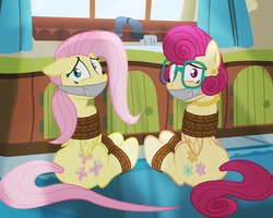 Size: 1024x819 | Tagged: safe, artist:radiantrealm, part of a set, fluttershy, posey shy, pegasus, pony, g4, bondage, commission, duo, duo female, female, gag, glasses, kidnapped, looking at you, mother and daughter, pearl necklace, ropes, scared, show accurate, sitting, tape gag