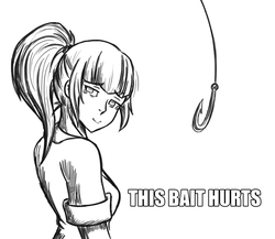 Size: 1103x958 | Tagged: safe, artist:enyoiyourself, sonata dusk, equestria girls, g4, bait, crying, female, fishing hook, hook, impact font, looking at you, monochrome, reaction image, solo, this is bait