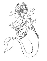 Size: 1280x1656 | Tagged: safe, artist:enyoiyourself, sonata dusk, mermaid, siren, g4, belly button, blushing, breasts, busty sonata dusk, fangs, female, gem, jewelry, looking at you, mermaidized, midriff, monochrome, ocean, pendant, sirens doing siren things, solo, species swap, underwater