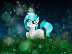 Size: 1600x1200 | Tagged: safe, artist:sweeterwho, oc, oc only, oc:sweetie, pony, unicorn, bokeh, chest fluff, female, grass, magic, mare, night, prone, smiling, solo, sparkles