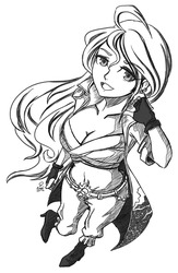 Size: 1250x1920 | Tagged: safe, artist:enyoiyourself, sunset shimmer, human, g4, belly button, breasts, clothes, coat, desire (one piece), female, gloves, humanized, looking at you, midriff, monochrome, one piece, sarashi, solo