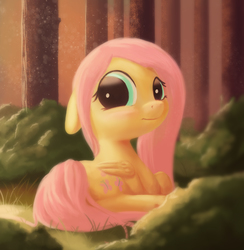 Size: 1053x1080 | Tagged: safe, artist:starblaze25, fluttershy, pegasus, pony, g4, blushing, cute, female, filly, filly fluttershy, floppy ears, folded wings, forest, frown, hnnng, looking at you, looking back, prone, shy, shyabetes, solo, younger