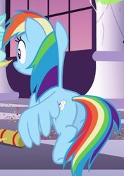Size: 347x494 | Tagged: safe, screencap, rainbow dash, pegasus, pony, g4, sweet and elite, butt, cropped, female, mare, plot, solo, spread wings, wings