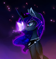 Size: 1280x1357 | Tagged: safe, artist:magnaluna, princess luna, alicorn, butterfly, pony, g4, butterfly on nose, chest fluff, cute, digital art, ear fluff, female, glowing, insect on nose, looking at something, lunabetes, mare, profile, smiling, solo