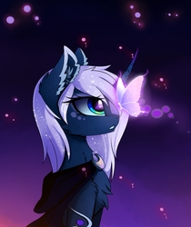 Size: 1112x1326 | Tagged: safe, artist:magnaluna, princess luna, alicorn, butterfly, pony, g4, chest fluff, cute, digital art, ear fluff, female, glowing, gradient background, mare, purple background, s1 luna, simple background, sitting, solo, sparkly mane, white-haired luna