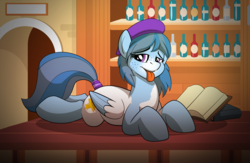 Size: 2393x1557 | Tagged: safe, artist:drawponies, oc, oc only, oc:wish, pegasus, pony, bar, book, bottle, lying, solo, tongue out