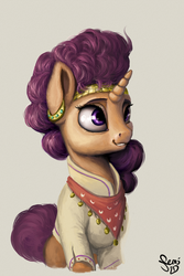 Size: 1000x1500 | Tagged: safe, artist:nemo2d, saffron masala, g4, spice up your life, bandana, chef, clothes, ear piercing, female, indian, indian pony, piercing, signature, sitting, solo