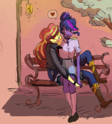 Size: 686x758 | Tagged: safe, artist:ethicaltea, sci-twi, sunset shimmer, twilight sparkle, equestria girls, g4, bench, blushing, cute, female, heart, lesbian, ship:sci-twishimmer, ship:sunsetsparkle, shipping, twiabetes