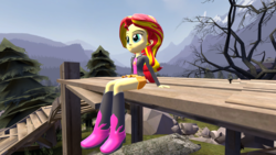 Size: 1920x1080 | Tagged: safe, artist:sneakyninjasly, sunset shimmer, equestria girls, g4, 3d, 3d model, boots, clothes, female, jacket, leather jacket, relaxing, scenery, sitting, skirt, solo, source filmmaker