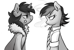 Size: 1024x698 | Tagged: safe, artist:hipster-ponies, artist:miszasta, oc, oc only, cigarette, clothes, ear piercing, grayscale, monochrome, necktie, piercing, shirt, smoking