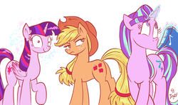 Size: 871x512 | Tagged: safe, artist:jowyb, applejack, starlight glimmer, twilight sparkle, alicorn, earth pony, pony, unicorn, twijack weekly, every little thing she does, g4, applebutt, applejack is not amused, brainwashed, butt, female, fiducia compellia, frown, hypnotized, lesbian, looking back, mare, mind control, plot, ship:twijack, simple background, standing, twilight sparkle (alicorn), unamused, whistle, whistling, white background, wide eyes