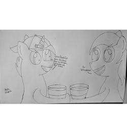 Size: 1512x1512 | Tagged: safe, artist:scientsit, oc, oc only, oc:aryanne, earth pony, pony, unicorn, alcohol, beer, black and white, bread, doodle, drinking, food, german, glass, grayscale, happy, hat, monochrome, photo, toast, traditional art