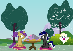 Size: 1000x700 | Tagged: safe, artist:jextexssb, oc, oc only, oc:aryanne, awkward, buck, bush, date, female, food, hiding, lesbian, meadow, oh come on, table, tea, tea party, tree, yelling