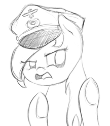 Size: 494x570 | Tagged: safe, artist:lyrabop, oc, oc only, oc:aryanne, earth pony, pony, black and white, disgusted, female, grayscale, hat, looking away, monochrome, peaked cap, reichsadler, simple background, sketch, solo, underhoof, white background